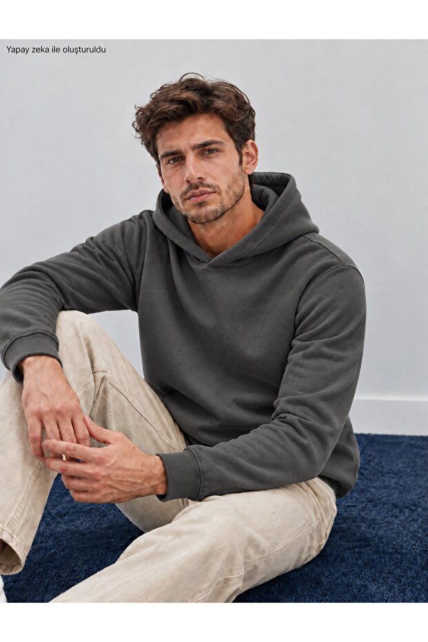 Men's Hooded Sweatshirt - Plain Patternless Cotton Hoodie with Kangaroo Pocket