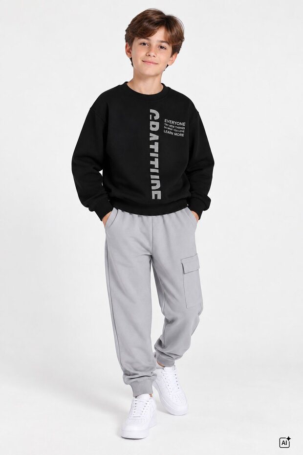 Gray Boy's Text Printed Cargo Pocket Tracksuit Set 24848