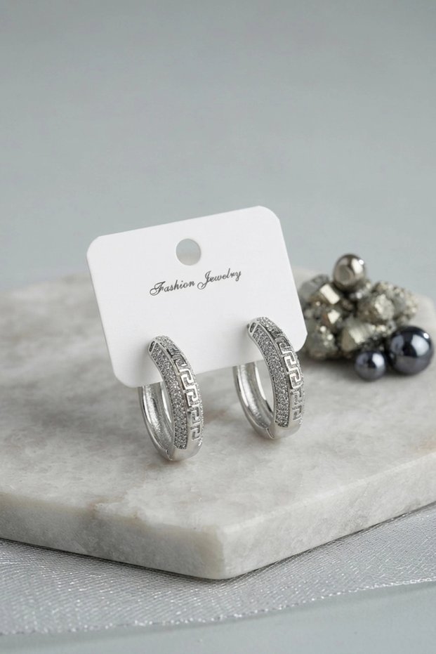 Silver Color Zircon Stone and Geometric Motif Brass Hoop Women's Earrings