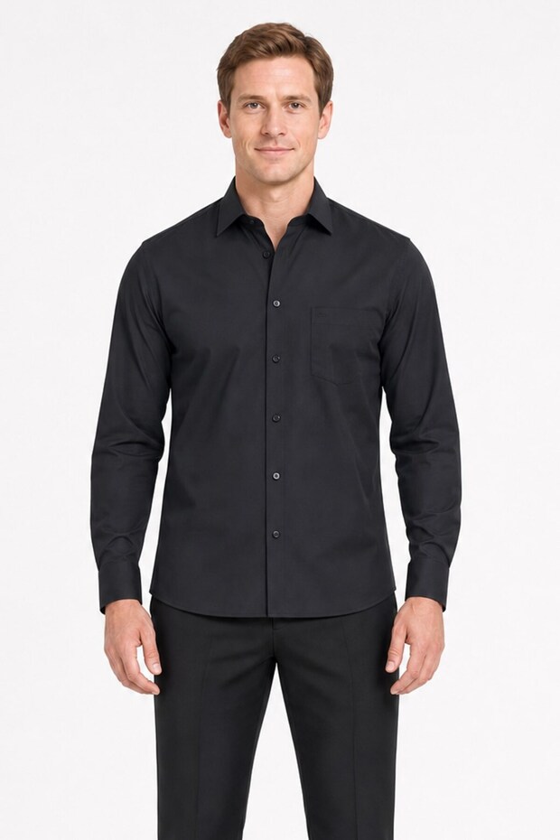 Black Hard Collar Long Sleeve Comfort Fit Cotton Shirt 1004255051