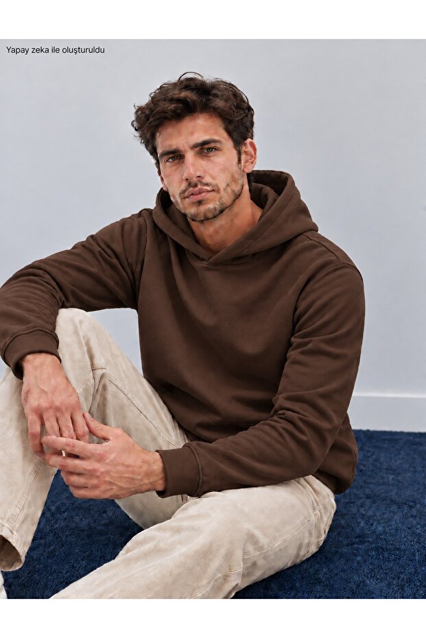 Men's Hooded Sweatshirt - Plain Patternless Cotton Hoodie with Kangaroo Pocket