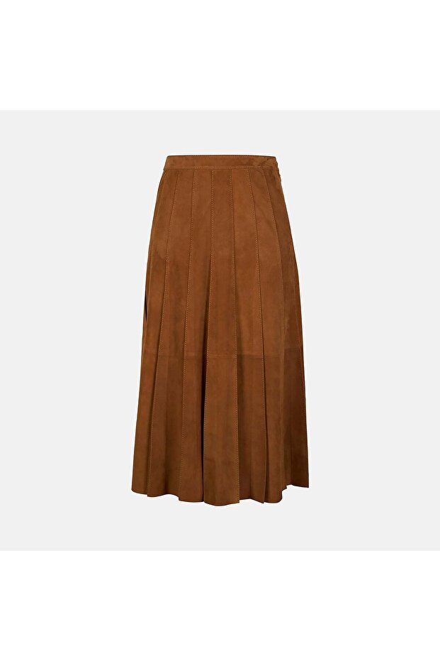 Women's Tan Stitched Detailed Pleated Midi Suede Skirt