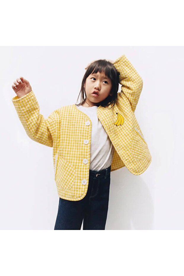 Girl's Red Plaid Quilted Jacket with Fruit Detail, Checkered Spring Jacket