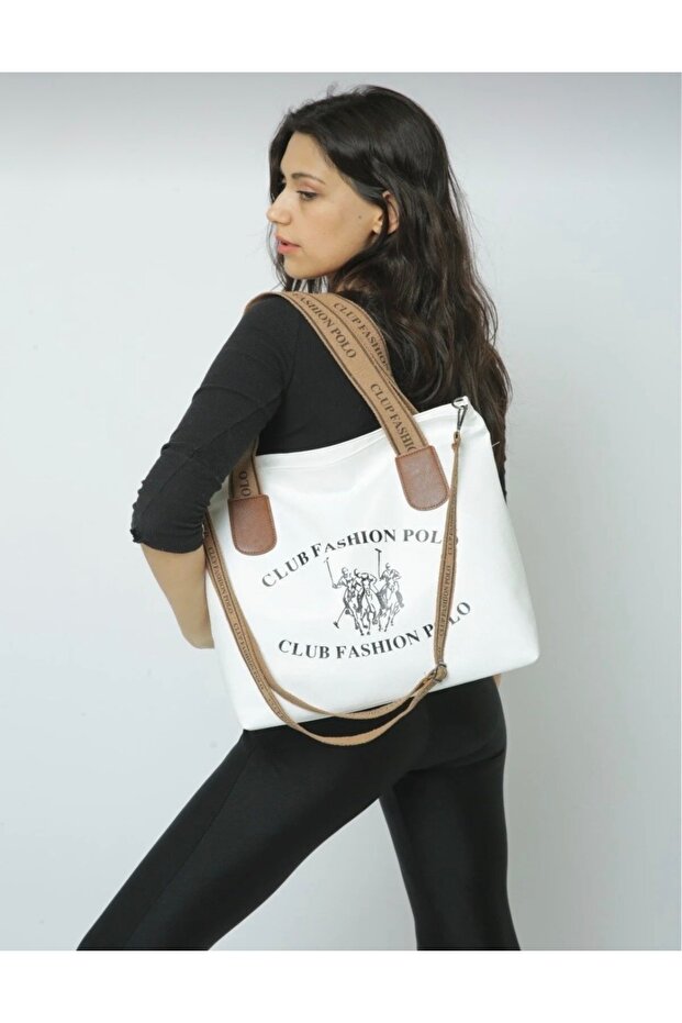Women's White Column Strap High Quality Large Size Faux Leather Daily Hand and Shoulder Bag (Height 34 cm Width 43 cm)