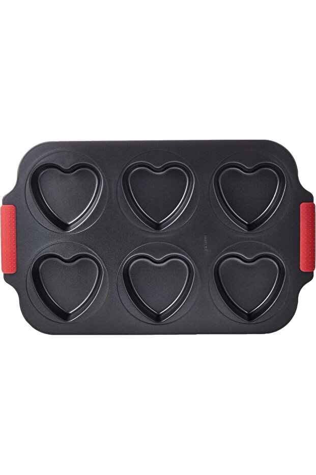 Non Stick Heart Muffin Pan, 6 Pieces, Black