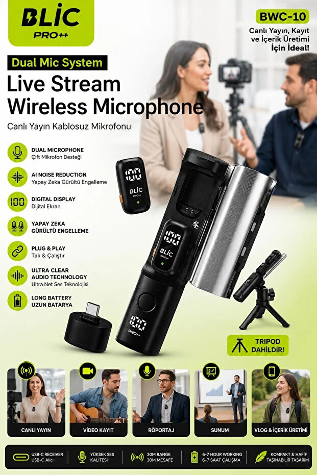 Professional Wireless Lavalier Microphone Dual Vlog Live Broadcast Interview Microphone Bwc-10