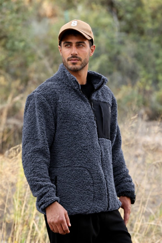 Men's Smoked Lamb Welsoft Fleece Jacket with Stand Collar and Zipper, Oversize