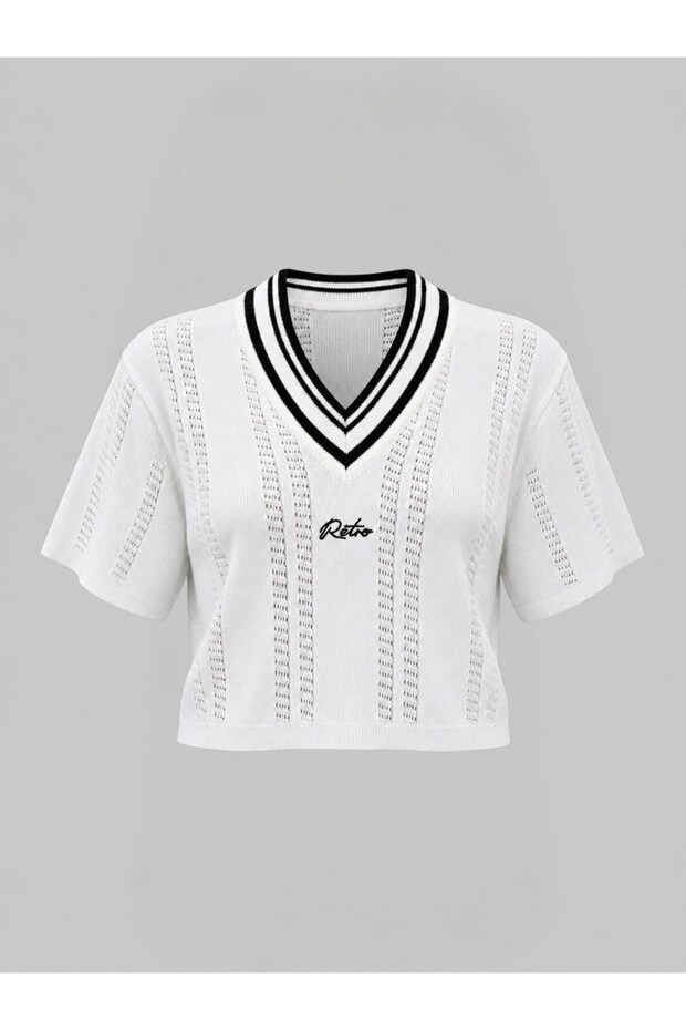 Retro V-Neck Short Sleeve Knitwear Top Women White - Black
