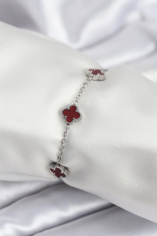 316L Steel Silver Color Burgundy Baby Boy Clover Women's Bracelet