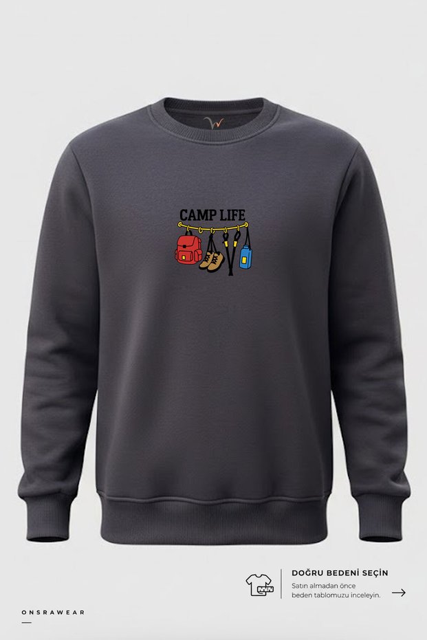 Outdoor Camp Life Minimal Design Printed Nature and Camping 100% Cotton Basic Crew Neck 3 Thread Sweatshirt