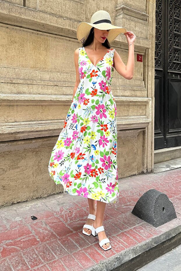 Natural Viscose V-neck Patterned Waist Tied Long Fuchsia Dress