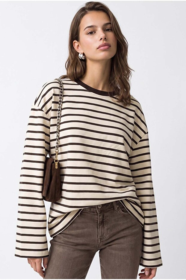 2236 Striped Crew Neck Long Sleeve Oversize Sweatshirt Brown
