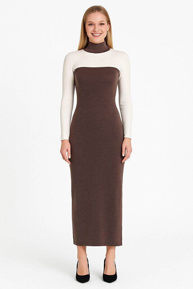Ottoman Fabric Long Dress – Brown | Stylish Sleeveless Halter Neck