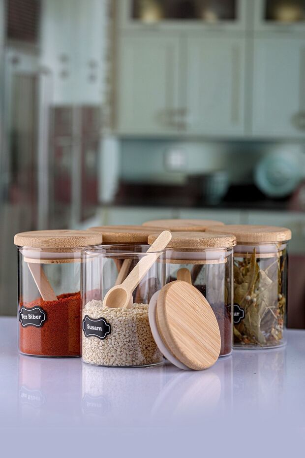 6-Piece 200 ml Borosilicate Spice Jar Set with Bamboo Lid and Spoon