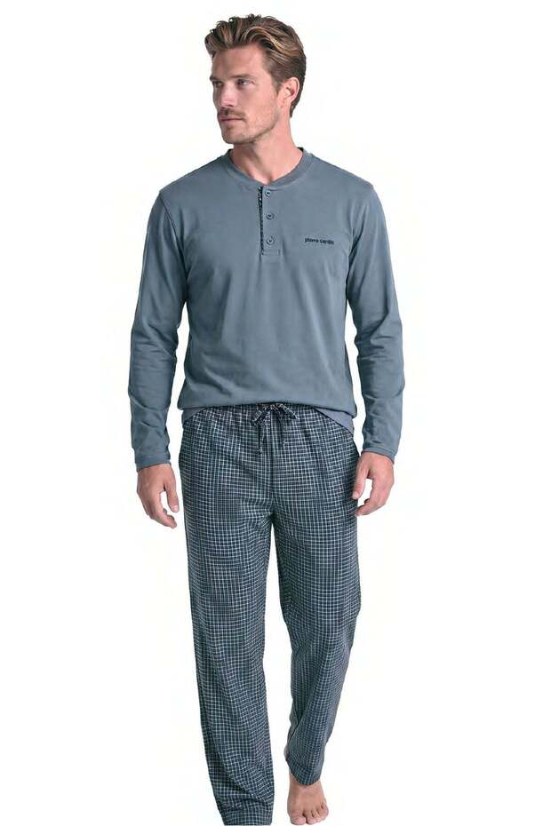 6146 Men's Long Sleeve Buttoned Collar Pajama Set-Grey