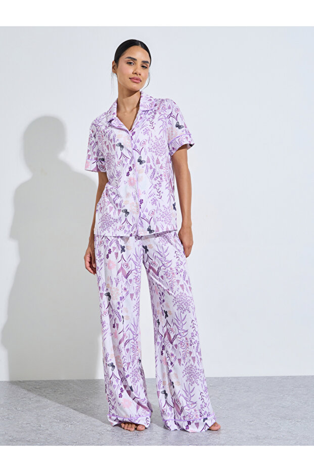 Lilac All Over Print Shirt And Wide Leg Pants Pyjama Set