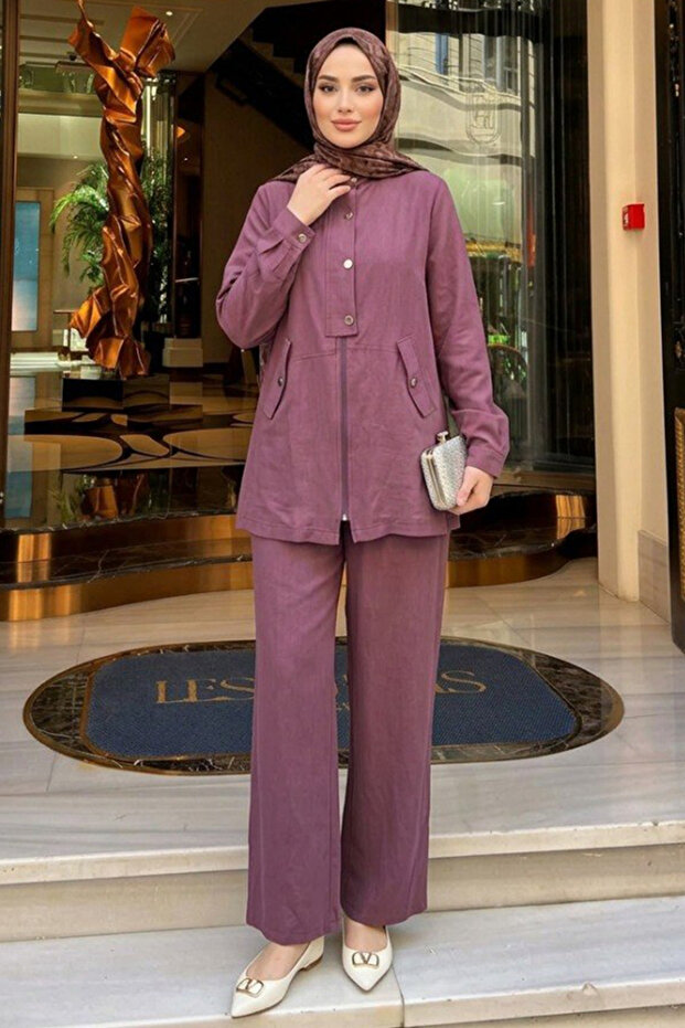 Buttoned Dark Rose Dusty Hijab Set with Cover Pocket 1369Kgk
