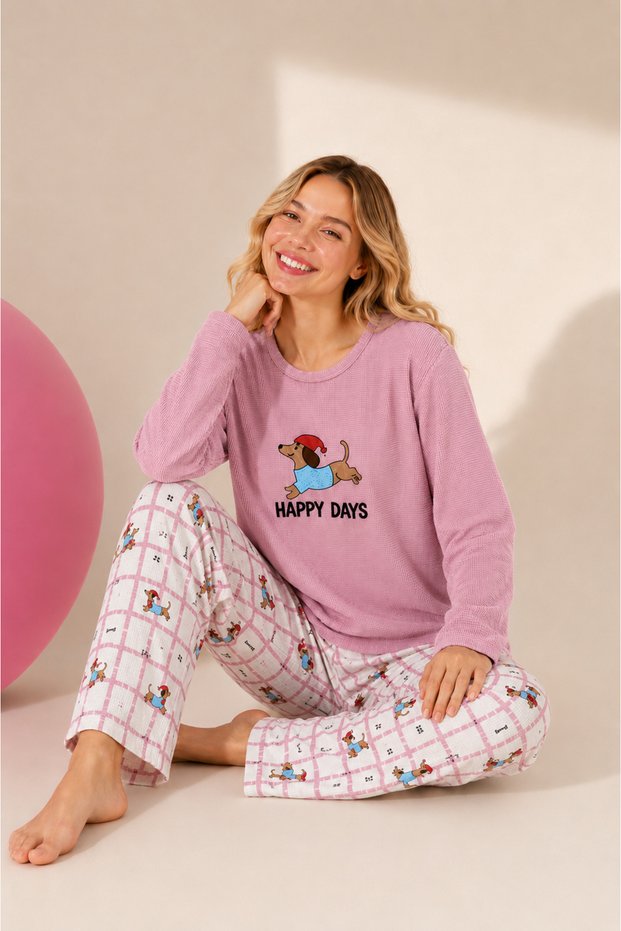 Waffle Knitted Long Sleeve Round Neck Embroidery Detailed Women's Pajama Set