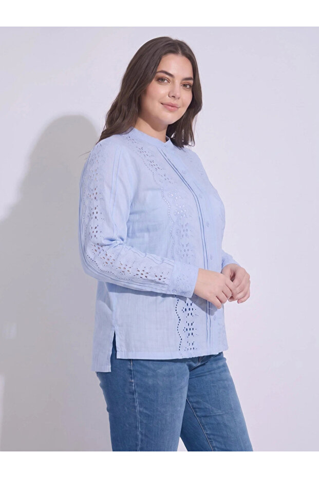 Embroided Regular Fit Stand Collar Blouse