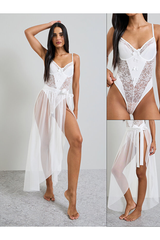 White Lace Bodysuit And Mesh Wrap Skirt Set