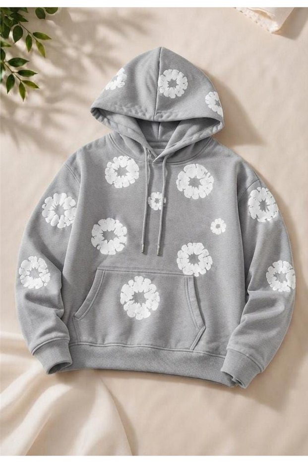Mooda Unisex Oversize 3D Puff Fluffy Floral Printed 3 Thread Raster Hooded Sweatshirt