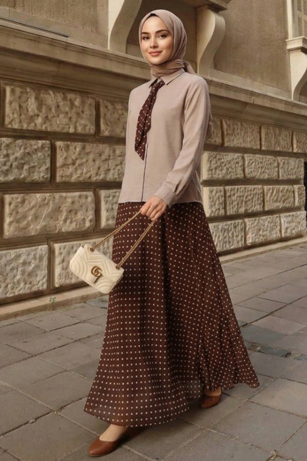 Polka Dot Skirted Shirt Brown Hijab Double Set 1386Kh