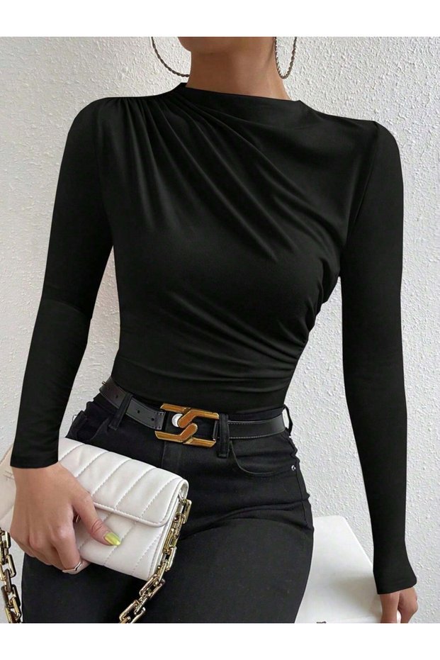 Black Ruched Long Sleeve Top