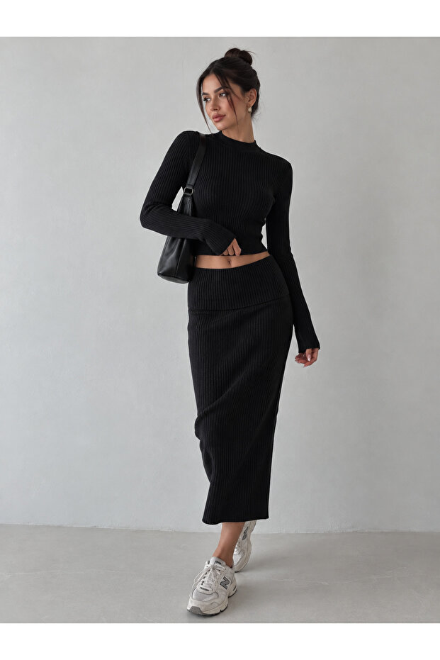 Black Ribbed Knitwear Skirt Blouse Set - 2Y4434