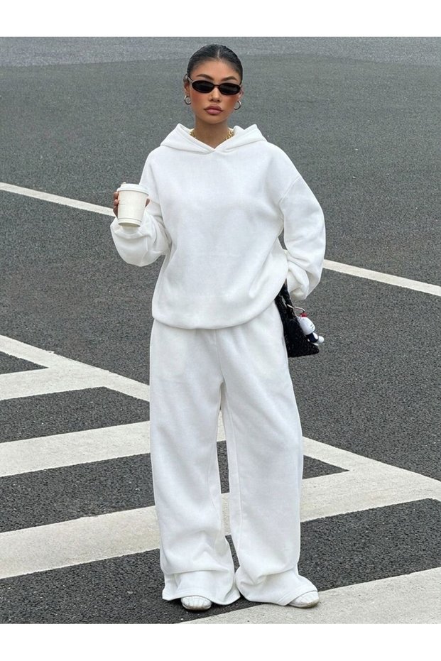 Unisex White Plain Hooded Baggy Tracksuit Set Printed Premium Oversize T-Shirt