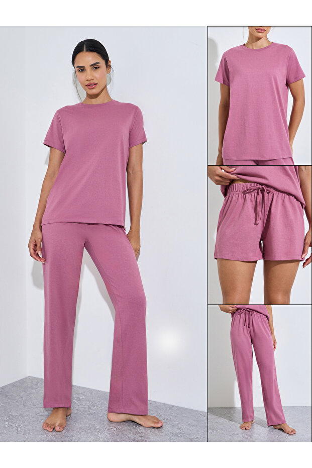 Pack Of 3 - Solid Short Sleeve T-Shirt, Shorts And Pyjama Set