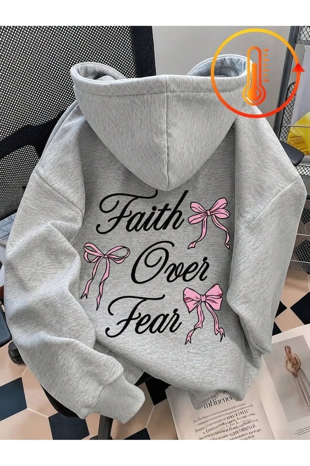 Unisex Gray Faith over Back Printed Hooded Sweatshirt Printed Premium Oversize T-Shirt