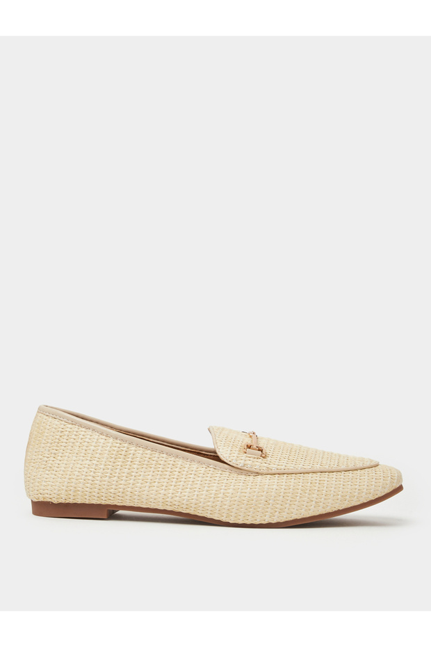 Beige Raffia Woven Flat Loafers