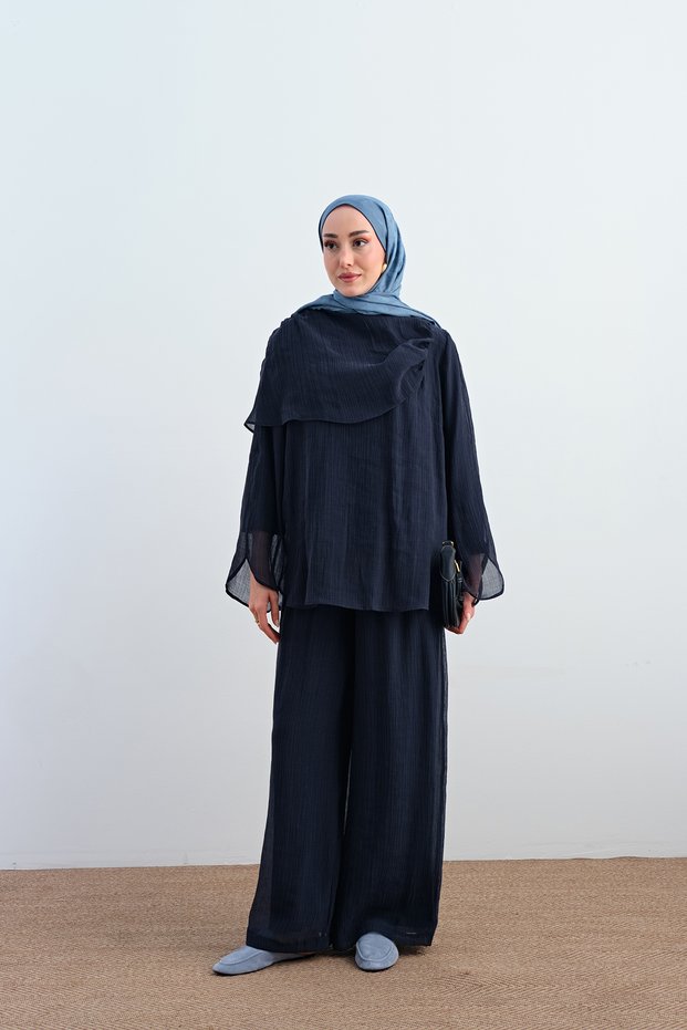 Women's Self-Patterned Inner Lined Tulle Set Navy Blue