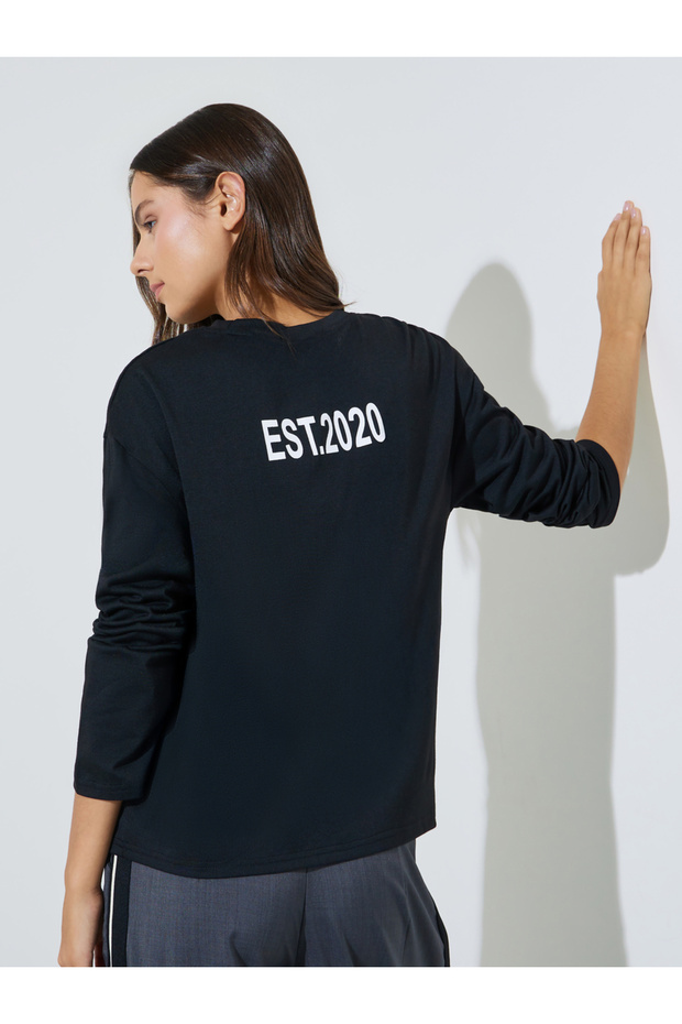 Black Slogan Print Long Sleeves Oversized T-Shirt