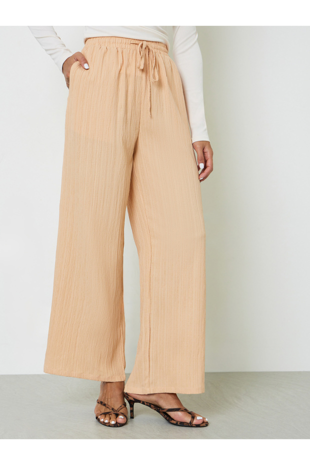 Khaki Textured Wide-Leg Palazzo Pants