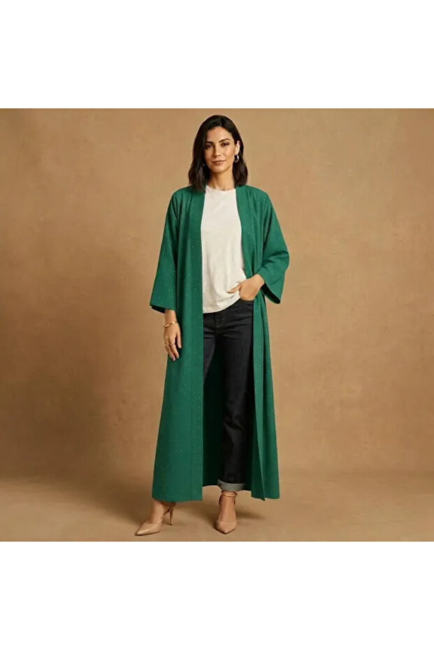 Scatter Rhinestone Kimono Belted Long Abaya Cardigan