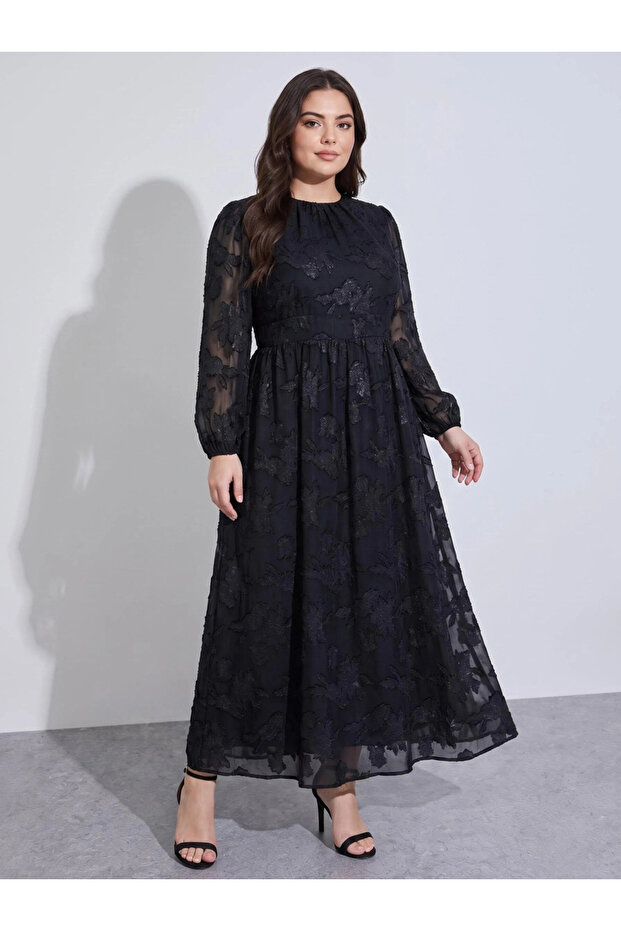 Maxi Length Printed Satin Jacquard A-Line Dress