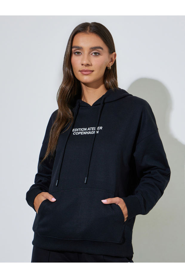 Black Slogan Print Longline Oversized Hoodie