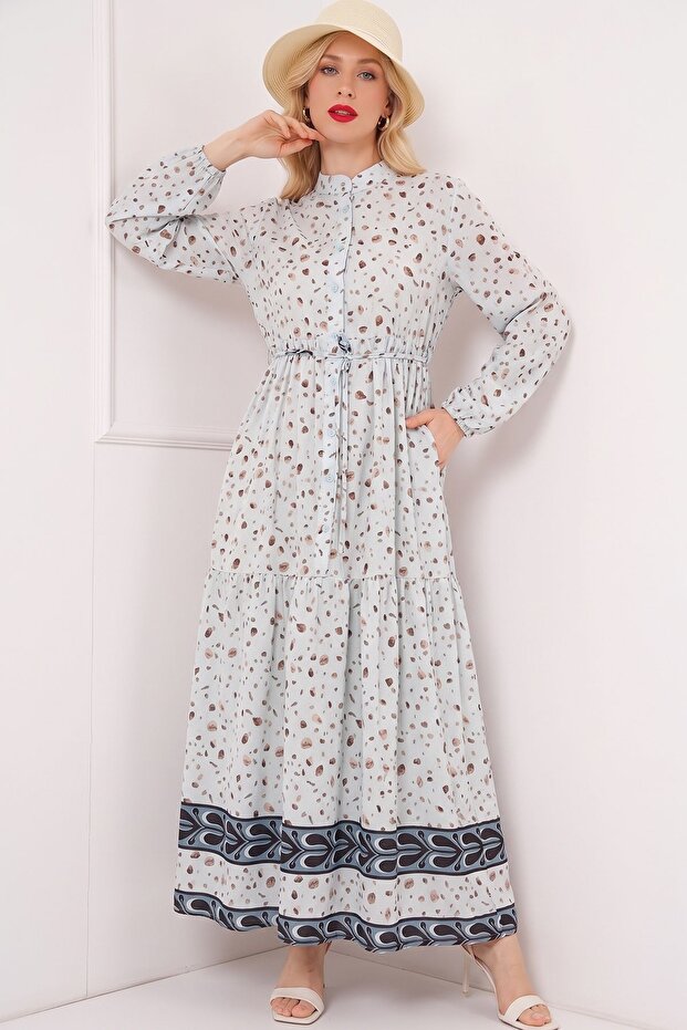 Bdart Buttoned and Belted Detail Crew Neck Maxi Dress