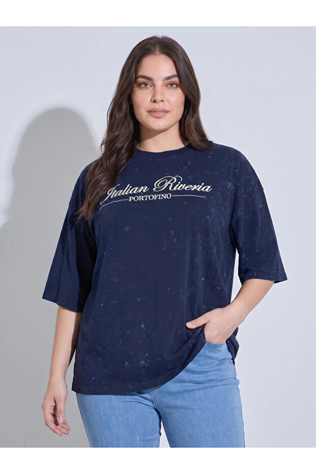 Plus Size Embroidered Slogan Washed T-Shirt