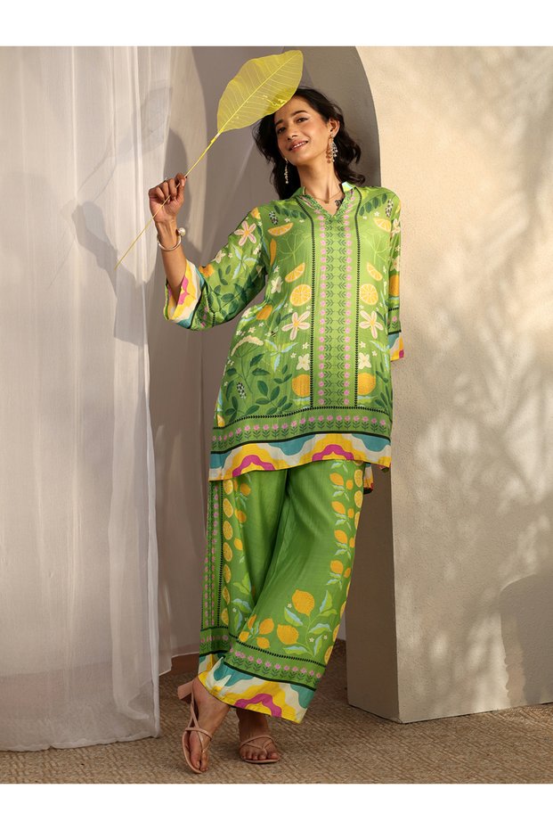 Green Printed Muslin Co-Ords Set