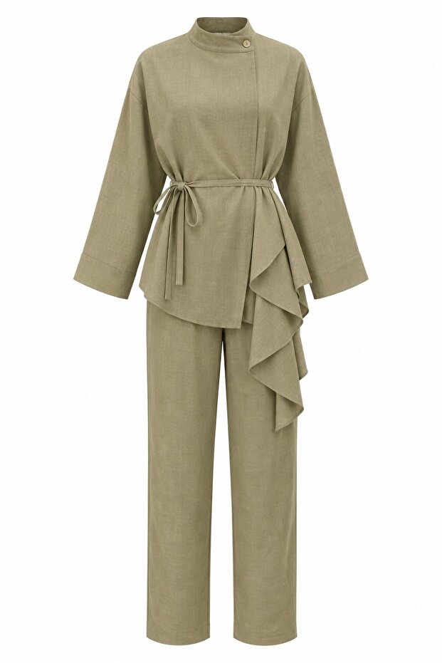Khaki Flounce Thin Belted Kimono Set - 8739