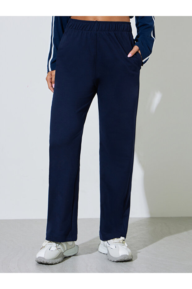 Navy Blue Solid Elasticated Waist Straight Leg Joggers