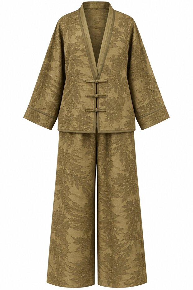 Khaki Jacquard Kimono Set - 51479
