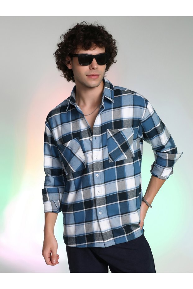 Men Blue Checked Utility Shacket
