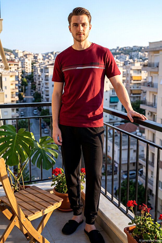 Men's Front Printed Short Sleeve Pajama Set 2332 Dark Claret Red