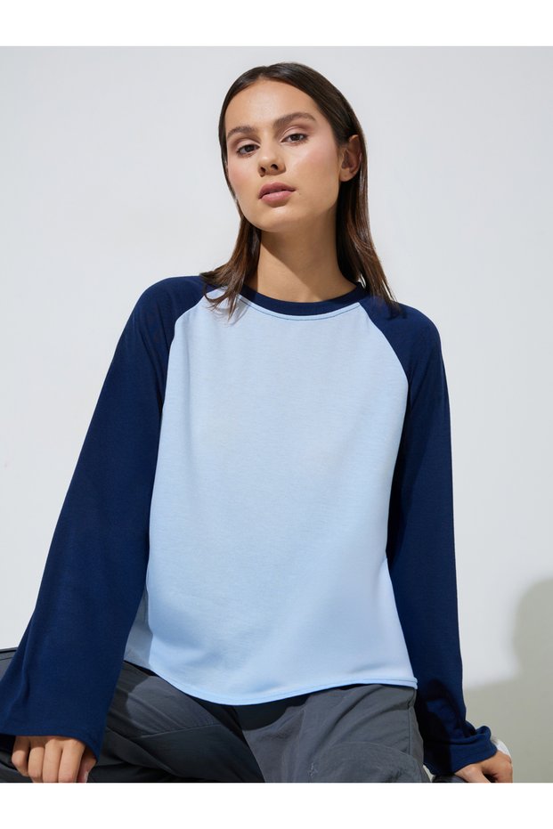Blue Color Block Raglan Long Sleeves T-Shirt