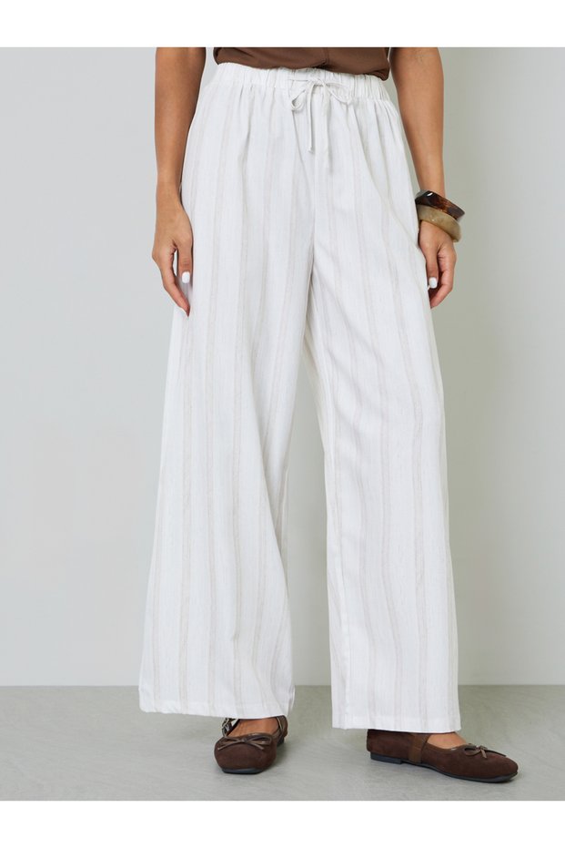 Beige Striped Wide-Leg Trousers With Drawstring Waist