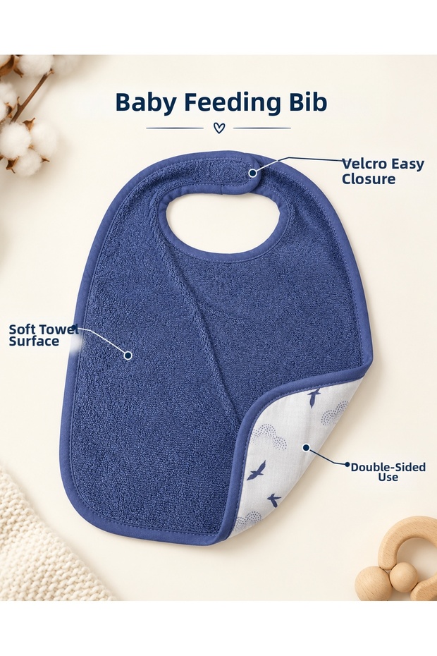Baby Feeding Bib 100% Cotton Terry Fabric with Velcro Fastener and Gold Heart Embroidery