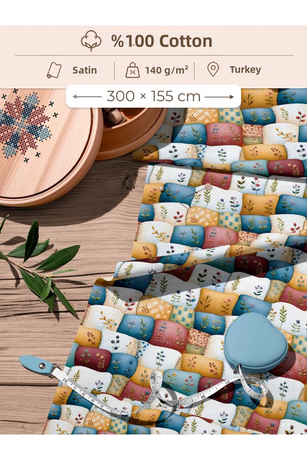 100% Cotton Satin Patchwork Fabric – 300X155 cm – Floral and Plant Motif Patchwork Pattern in Blue, Burgundy, and Yellow Tones